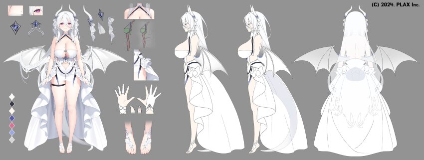 1girl absurdres back bare_shoulders barefoot blush breasts check_copyright cleavage_cutout closed_eyes clothing_cutout copyright_notice copyright_request dragon_girl dragon_horns dragon_tail dress from_behind gloves highres horn_ornament horns light_smile long_hair mole mole_on_breast mole_under_eye partially_fingerless_gloves pink_eyes reference_sheet simple_background sleeveless smile standing tail thigh_strap thighs virtual_youtuber white_dress white_gloves white_hair wings yeije