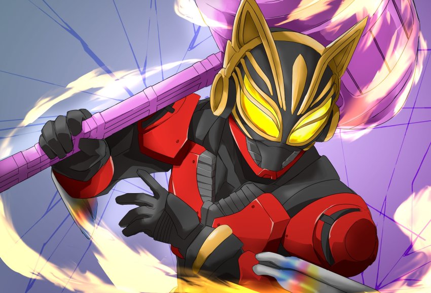 1girl animal_ears armor black_bodysuit black_gloves blue_background bodysuit boost_buckle boost_hammer_form cat cat_ears exhaust exhaust_pipe gloves glowing glowing_weapon hammer headphones highres holding holding_weapon kamen_rider kamen_rider_geats_(series) kamen_rider_na-go miyabi_(037) over_shoulder red_armor sledgehammer weapon weapon_over_shoulder yellow_eyes