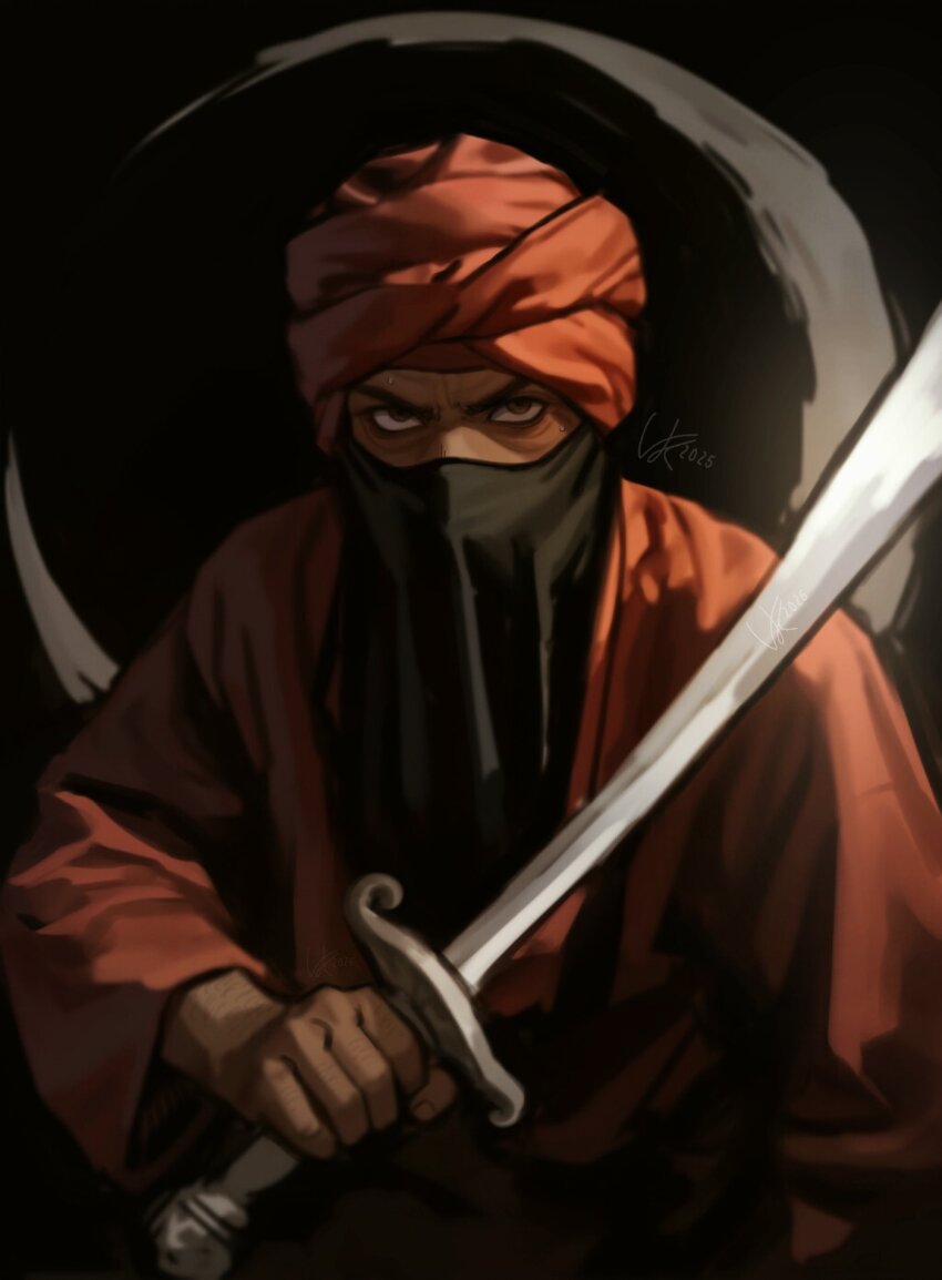 1boy black_mask brown_robe brown_turban dated hand_up highres holding holding_sword holding_weapon long_sleeves mask mouth_mask robe scimitar signature stronghold_crusader sword the_wazir_(stronghold_crusader) turban vankraut weapon