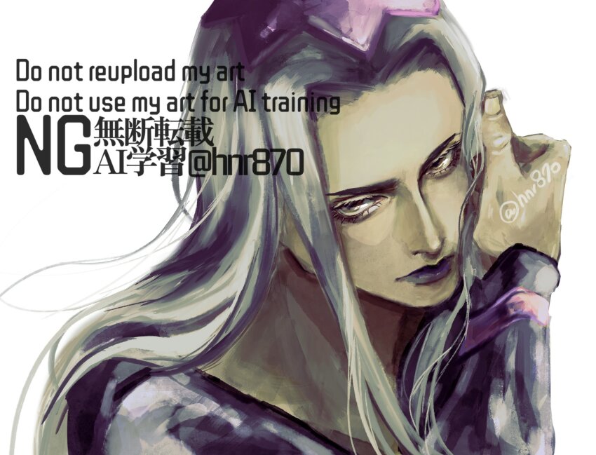 blue_shirt commentary english_text hand_up hat highres hnr870 jojo_no_kimyou_na_bouken leone_abbacchio long_hair long_sleeves looking_at_viewer male_focus portrait purple_hat purple_lips shirt signature solo vento_aureo white_background