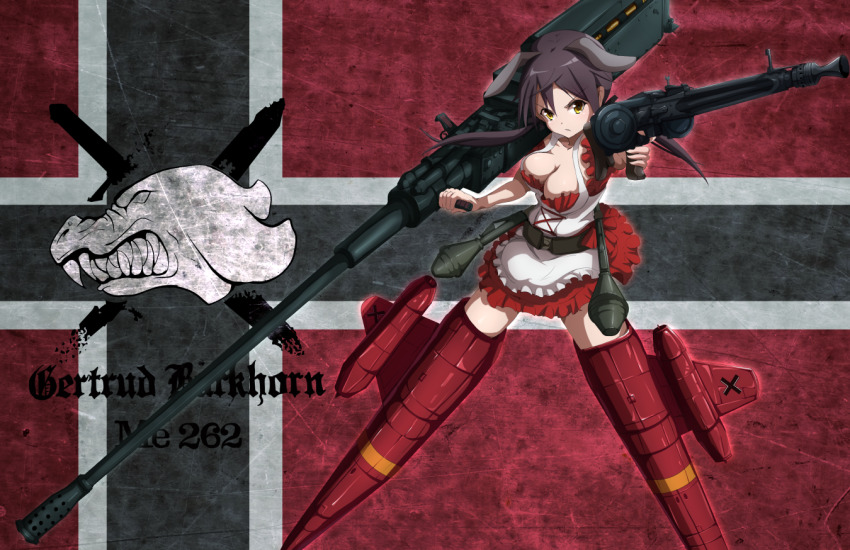 1girl animal_ears breasts brown_hair cannon character_name cleavage closed_mouth commentary corset dai_toro dirndl dog dog_ears dog_tail double-drum_magazine dress drum_magazine dual_wielding emblem explosive female_focus flag flag_background flying frilled_dress frills frown german_clothes gertrud_barkhorn grenade gun high-capacity_magazine holding holding_gun holding_weapon huge_weapon karlsland long_hair looking_at_viewer machine_gun magazine_(weapon) me_262 medium_breasts mg42 mg_151_cannon official_alternate_costume red_dress saddle-drum short_dress solo strike_witches striker_unit tail twintails weapon world_witches_series yellow_eyes