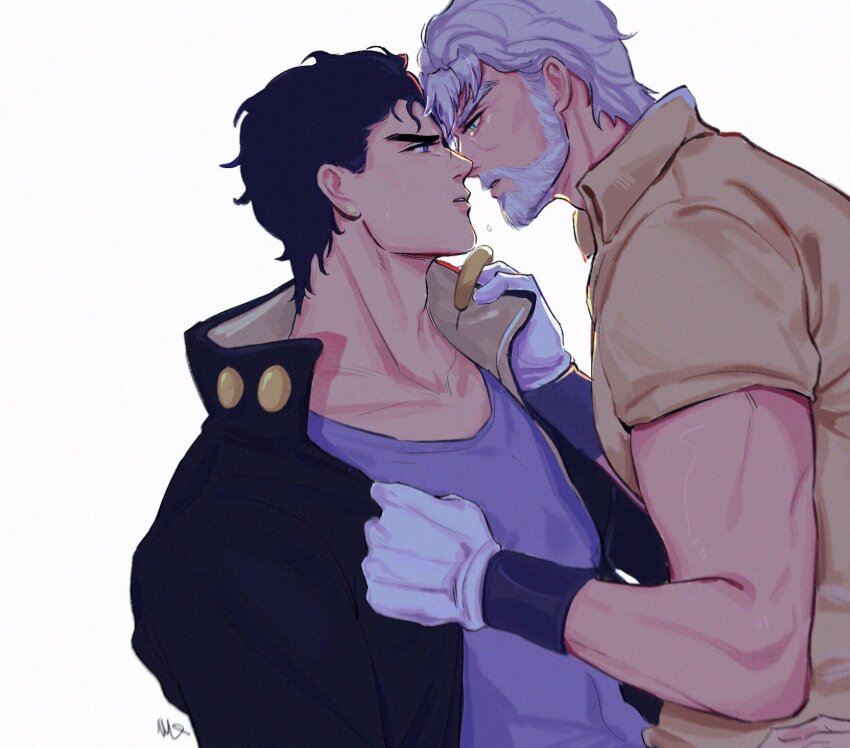 2boys adam&#039;s_apple beard black_coat black_hair blue_eyes brown_shirt coat collared_shirt connected_beard facial_hair grandfather_and_grandson grey_hair highres imminent_kiss incest jojo_no_kimyou_na_bouken joseph_joestar joseph_joestar_(old) kuujou_joutarou male_focus multiple_boys purple_shirt shirt short_hair short_sleeves simple_background stardust_crusaders v-shaped_eyebrows vamos_mk white_background yaoi