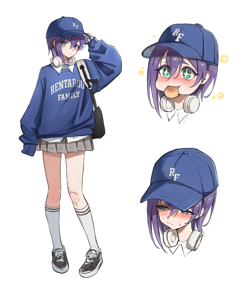+_+ 1girl alternate_costume bag bare_legs baseball_cap blue_hat blue_jacket blush casual clothes_writing commentary eating food_in_mouth green_eyes grey_skirt hair_between_eyes hand_on_headwear haraga_kurumi hat headphones headphones_around_neck highres jacket kimi_no_koto_ga_dai_dai_dai_dai_daisuki_na_100-nin_no_kanojo kneehighs long_sleeves miniskirt multiple_views pleated_skirt puffy_cheeks puffy_long_sleeves puffy_sleeves purple_hair shirt shoes short_hair shoulder_bag simple_background skirt sleeves_past_wrists sneakers socks ten_hwang2 untucked_shirt white_background white_shirt white_socks wing_collar