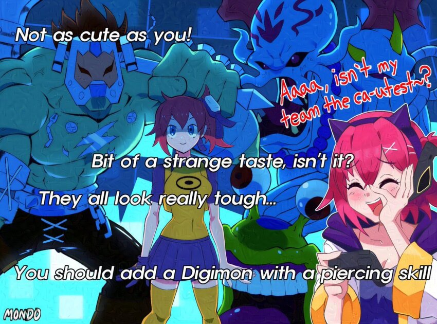 1boy 2girls artist_name black_skirt blue_eyes blush boltmon breasts camisole cleavage closed_eyes colored_skin commentary controller dagomon digimon digimon_card_game digimon_liberator digimon_story:_cyber_sleuth english_commentary english_text green_skin group_picture holding holding_controller holding_weapon jacket livestream long_hair multiple_girls numemon pink_hair pleated_skirt purple_camisole red_eyes red_wings shirt short_hair side_ponytail skirt smile supermondobeat thighhighs weapon white_jacket white_thighhighs wings yellow_shirt yuuki_(digimon)