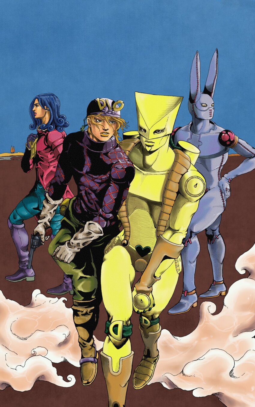 2boys 2others animal_ears araki_hirohiko_(style) argyle_clothes argyle_sweater ark_nemesis blonde_hair blue_eyes blue_pants blue_skin boots brown_boots character_name coat colored_skin diego_brando dirty_deeds_done_dirt_cheap from_side funny_valentine gloves green_pants grey_gloves gun handgun heart helmet highres holding holding_gun holding_weapon jodhpurs jojo_no_kimyou_na_bouken long_hair mask mouth_mask multiple_boys multiple_others no_mouth pants purple_boots purple_gloves purple_helmet purple_sweater rabbit_ears red_coat red_sweater revolver stand_(jojo) steel_ball_run sweater the_world weapon yellow_helmet yellow_skin