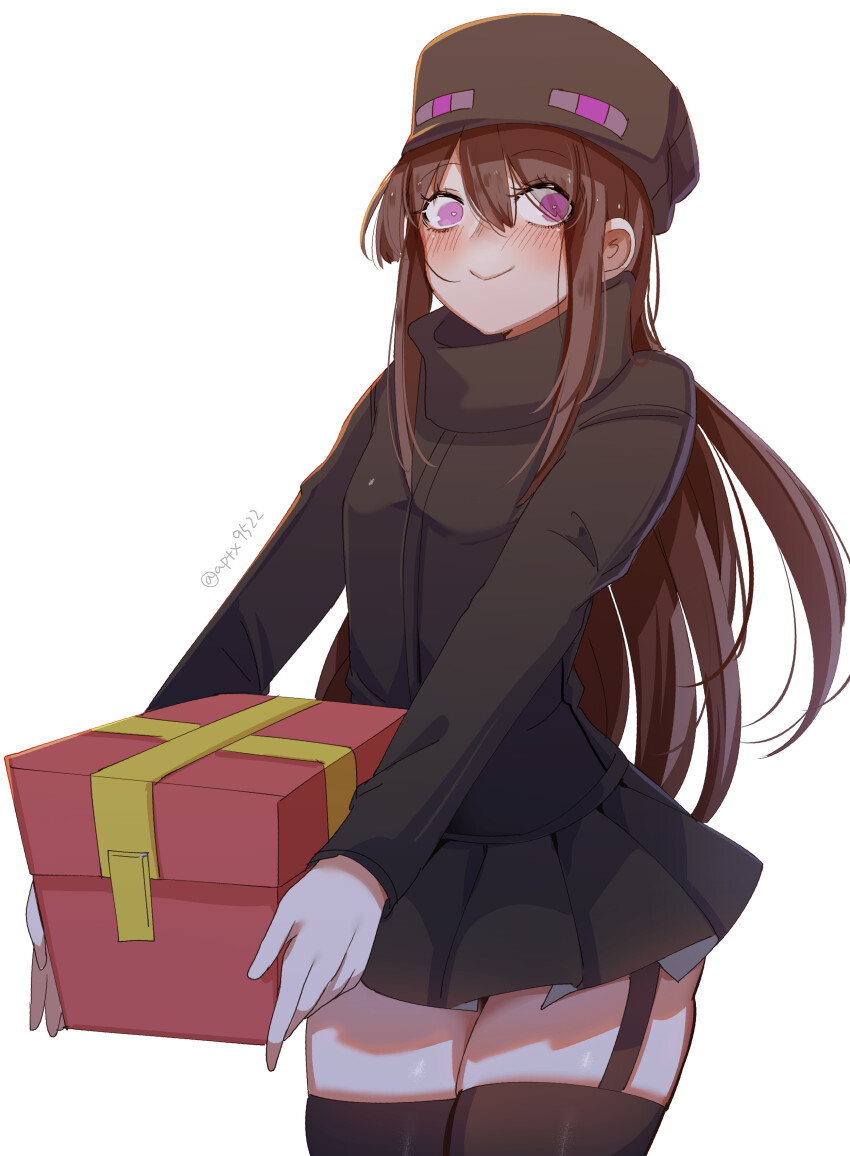1girl absurdres ander_(at2.) at2. black_skirt black_thighhighs blush box brown_hair closed_mouth enderman garter_straps gift gift_box hat highres long_hair long_sleeves looking_at_viewer minecraft mob_talker personification pleated_skirt purple_eyes skirt smile thighhighs very_long_hair