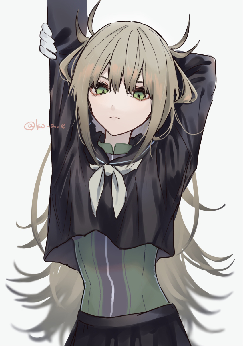 1girl arm_up arms_behind_head black_serafuku black_skirt brown_hair closed_mouth green_eyes highres hisui_kanon inami_koa light_frown long_hair long_sleeves looking_at_viewer neckerchief school_uniform sentai_daishikkaku serafuku simple_background skirt solo stretching twitter_username upper_body very_long_hair white_background white_neckerchief