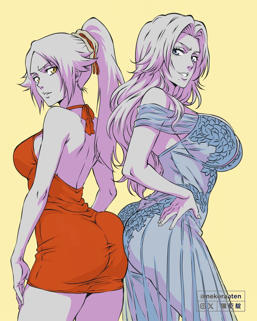 2girls absurdres ass ass-to-ass bare_back bare_shoulders bleach blue_dress breasts butt_crack cowboy_shot dress duplicate from_behind green_eyes high_ponytail highres large_breasts limited_palette long_hair matsumoto_rangiku medium_breasts multiple_girls nekoranten ponytail red_dress see-through_clothes see-through_dress shihouin_yoruichi simple_background yellow_background yellow_eyes
