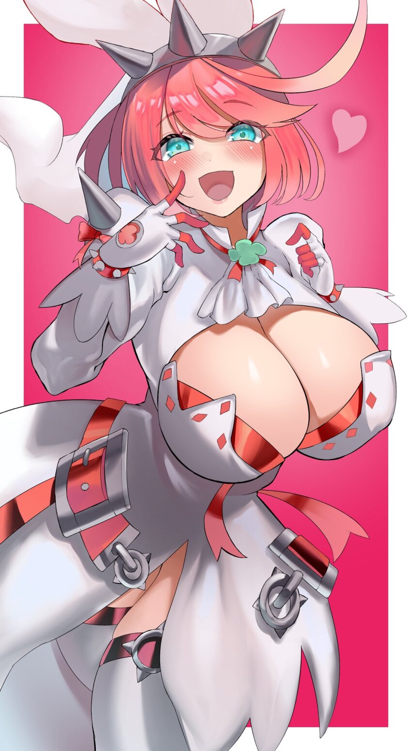 1girl ahoge blue_eyes blush breasts cleavage clover dress elphelt_valentine four-leaf_clover gloves guilty_gear guilty_gear_xrd hairband highres huge_breasts jewelry looking_at_viewer open_mouth pink_hair sato_one1 short_hair smile solo spikes thick_thighs thighhighs thighs