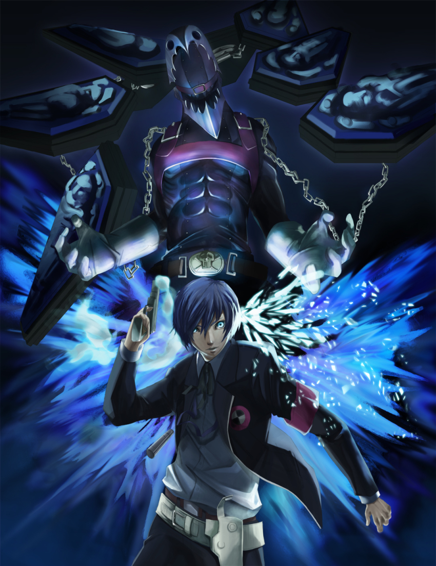 1boy armband atlus blue_eyes blue_hair chain crossdraw_holster gun gun_holster highres holster male_focus matching_hair/eyes orange_cassis persona persona_3 school_uniform short_hair solo thanatos_(persona) weapon yuuki_makoto_(persona_3)