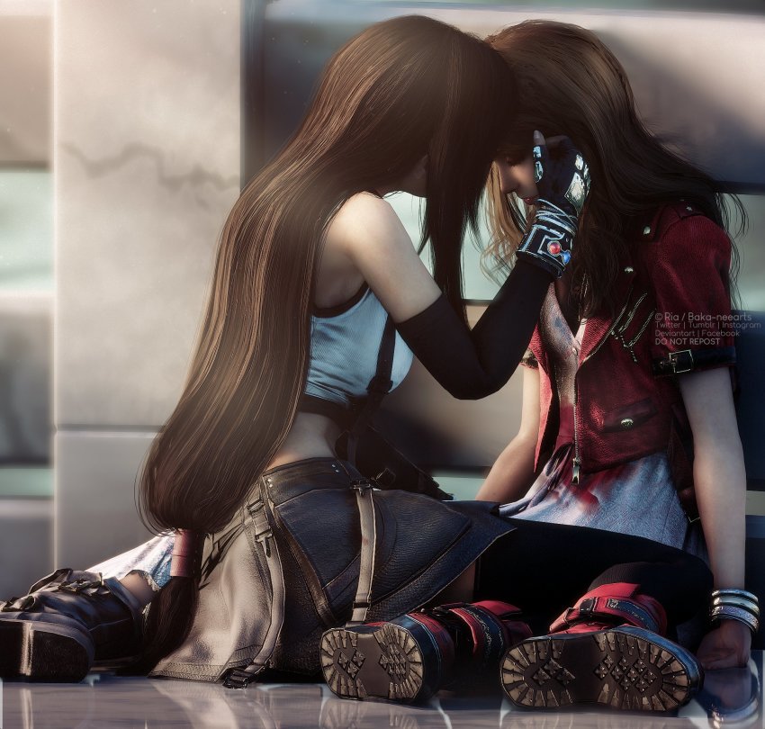 2girls 3d aerith_gainsborough boots bracelet breasts brown_hair closed_eyes cropped_jacket death dress final_fantasy final_fantasy_vii final_fantasy_vii_remake fingerless_gloves forgotten_city full_body gloves hair_down highres jacket jewelry kneeling large_breasts long_hair low-tied_long_hair marble multiple_girls pink_dress red_jacket ria-neearts shirt sitting skirt square_enix suspender_skirt suspenders thighhighs tifa_lockhart touching_another’s_face white_shirt