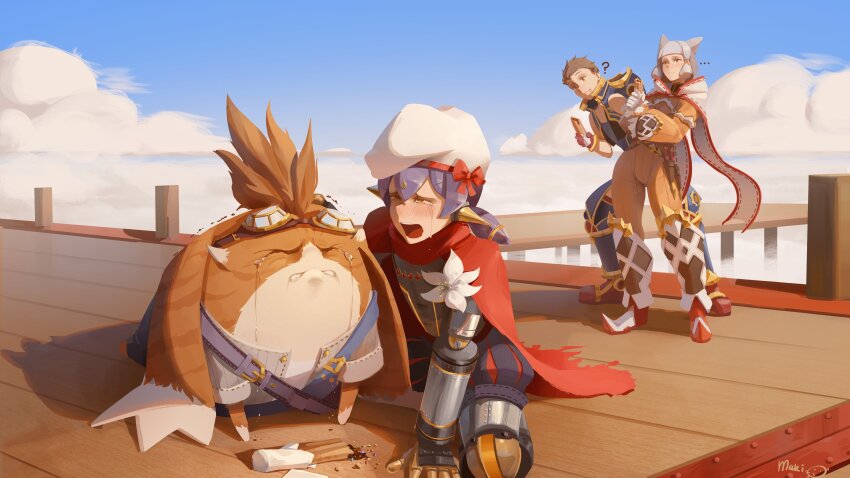 ... 2boys 2girls ? absurdres android animal_ears blue_sky blunt_bangs bodysuit boots brown_hair cape cat_ears cat_girl churro closed_eyes cloud commentary crying crying_with_eyes_open eating english_commentary food gloves goggles goggles_on_head grey_hair hat highres holding holding_food multiple_boys multiple_girls nia_(xenoblade) nopon open_mouth outdoors poppi_(xenoblade) poppi_alpha_(xenoblade) purple_hair red_cape red_gloves rex_(xenoblade) short_hair signature sky standing sushoartworks tears teeth tora_(xenoblade_2) upper_teeth_only white_gloves white_hat xenoblade_chronicles_(series) xenoblade_chronicles_2 yellow_bodysuit