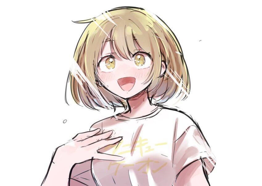 1girl :d blonde_hair blush bob_cut clothes_writing futsuu_no_keion-bu hand_on_own_chest highres nitta_tamaki no_nose open_mouth osada_sushi print_shirt shirt short_hair short_sleeves simple_background smile solo sparkling_eyes upper_body white_background white_shirt yellow_eyes