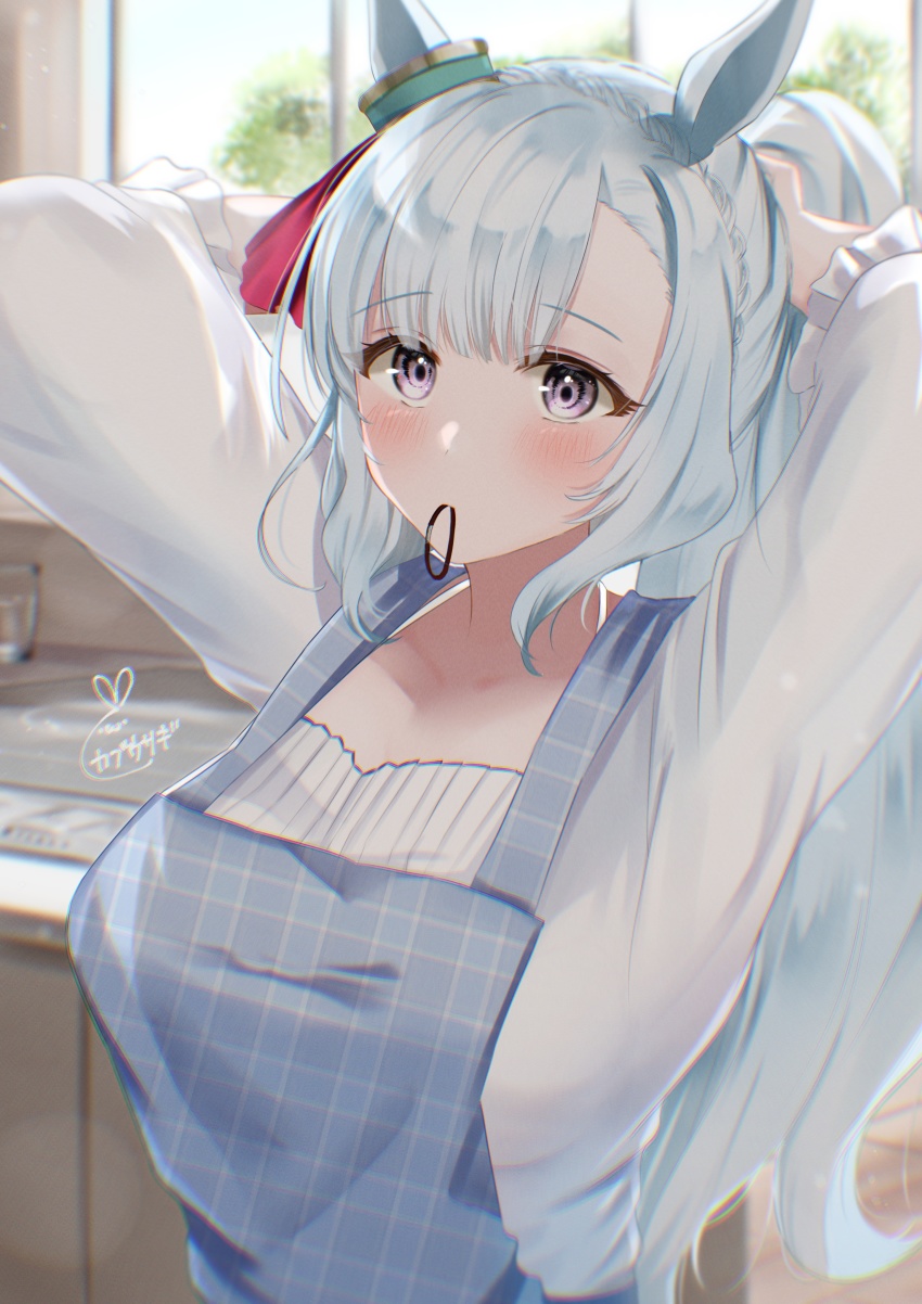 1girl absurdres adjusting_hair alternate_hairstyle animal_ears apron blue_hair blush hair_ornament highres horse_ears horse_girl in_mouth kabu_usagi kitchen long_hair looking_at_viewer mejiro_ardan_(umamusume) purple_eyes signature solo umamusume window