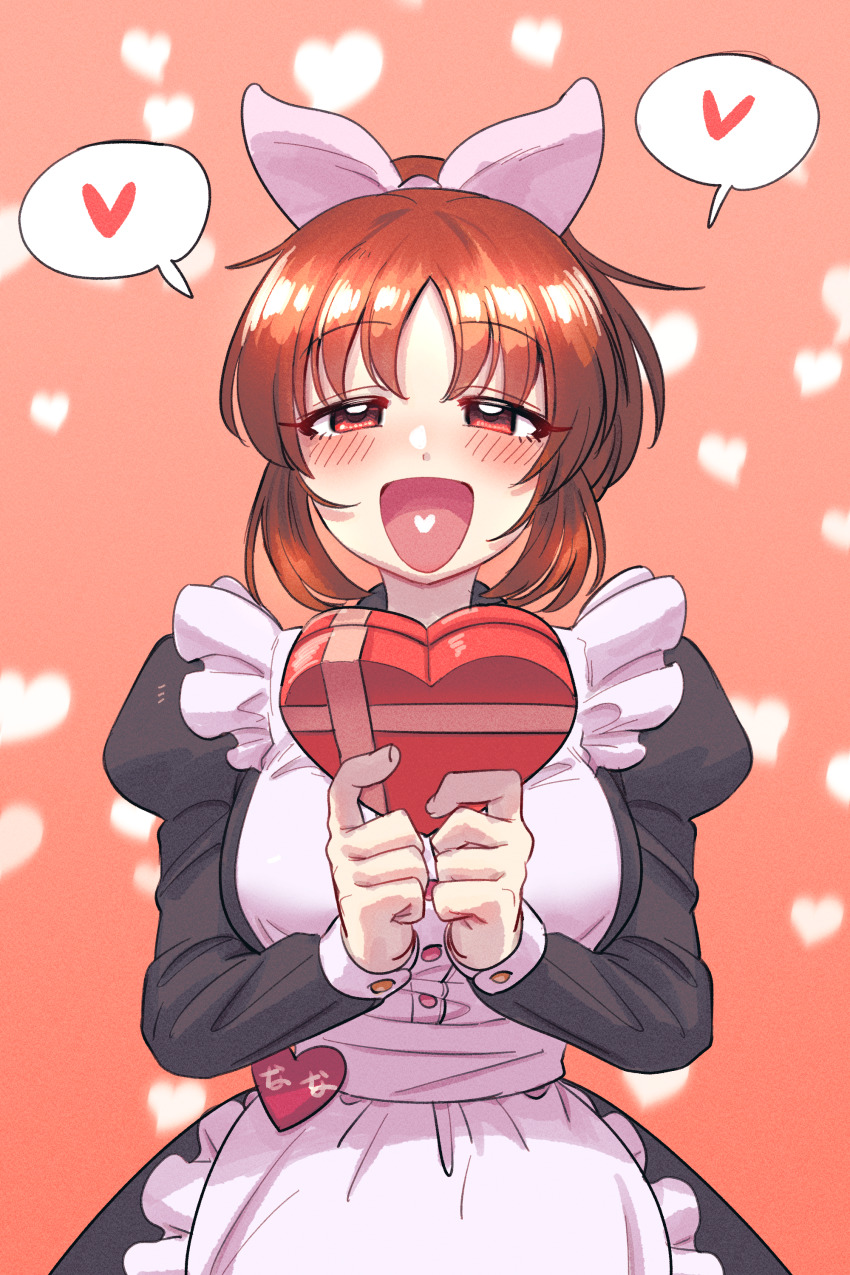 1girl :d abe_nana absurdres blush bow box breasts dress gift gift_box hair_bow half-closed_eyes heart heart-shaped_box heart_background highres hobgoblin-kim idolmaster idolmaster_cinderella_girls juliet_sleeves large_breasts long_sleeves looking_at_viewer maid name_tag open_mouth orange_hair pinafore_dress ponytail puffy_sleeves simple_background sleeveless_dress smile solo speech_bubble spoken_heart upper_body