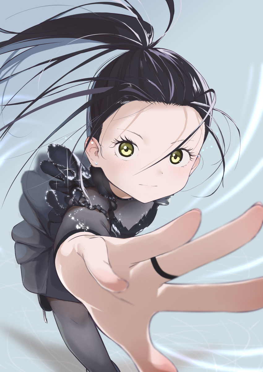 1girl absurdres black_dress black_hair dress figure_skating grey_background hair_pulled_back highres jewelry kamisaki_hikaru long_hair looking_at_viewer medalist_(manga) painnico ponytail ring solo yellow_eyes