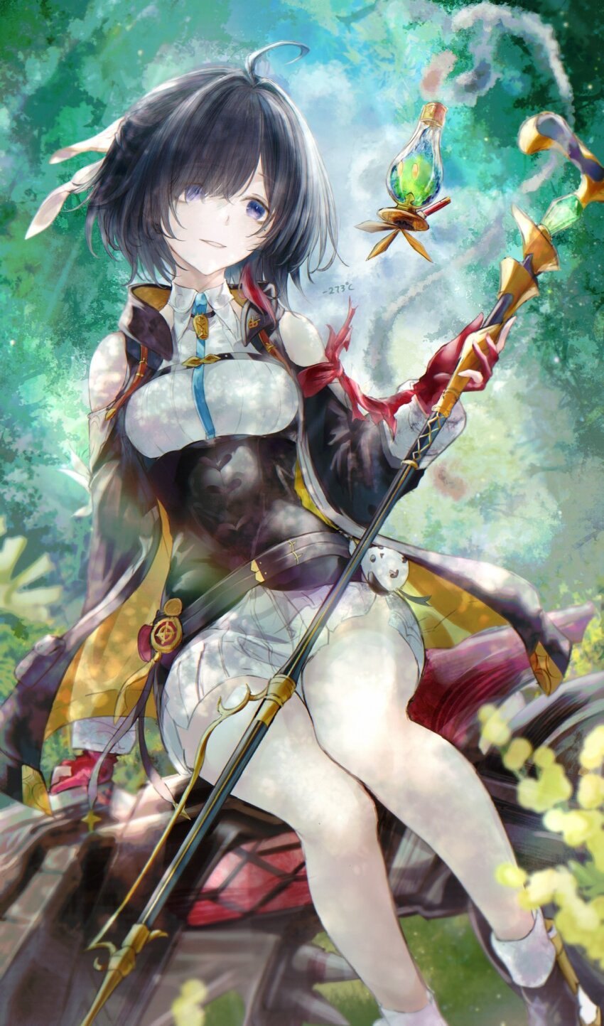 1girl ahoge atelier_(series) atelier_yumia between_breasts black_coat black_corset black_hair breasts coat collared_dress commentary_request corset dress floating gloves highres holding holding_staff large_breasts medium_hair multicolored_hair open_clothes open_coat outdoors parted_bangs partially_fingerless_gloves purple_hair red_gloves red_hair renoahh short_dress sitting smile solo staff strap_between_breasts streaked_hair stuffed_animal stuffed_bird stuffed_toy two-tone_hair white_dress yumia_liessfeldt