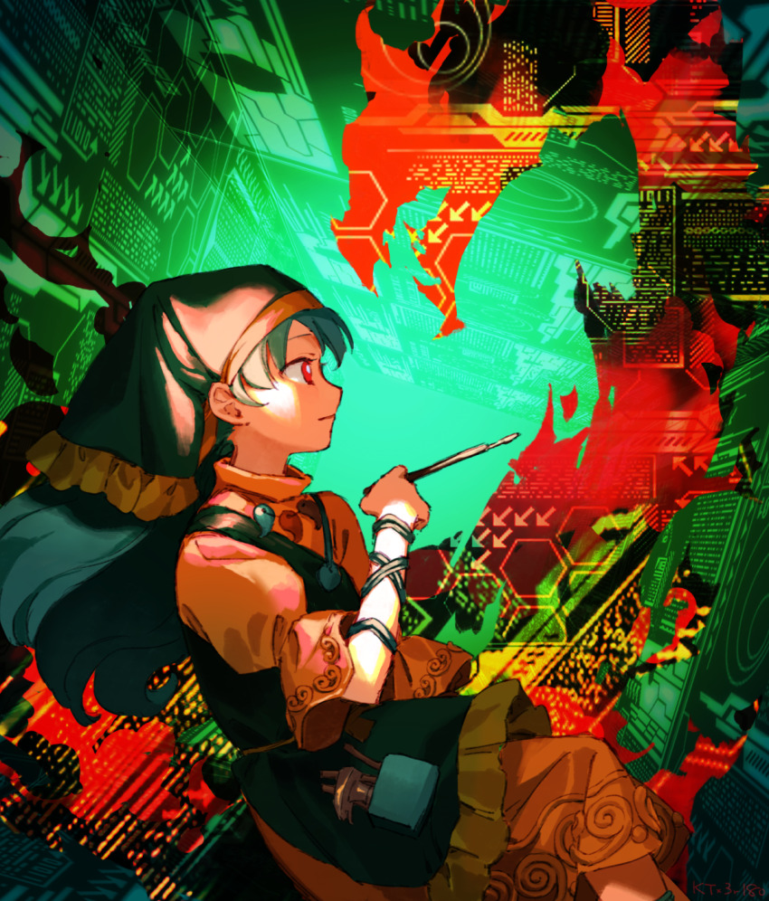 1girl apron arm_ribbon blue_hair closed_mouth collared_dress commentary_request dress frilled_apron frills from_side green_apron green_head_scarf green_headscarf hand_up haniyasushin_keiki headscarf highres holding jewelry kaigen_1025 long_hair magatama magatama_necklace necklace partial_commentary pocket profile puffy_short_sleeves puffy_sleeves purple_eyes red_eyes ribbon short_sleeves solo touhou wood_carving_tool