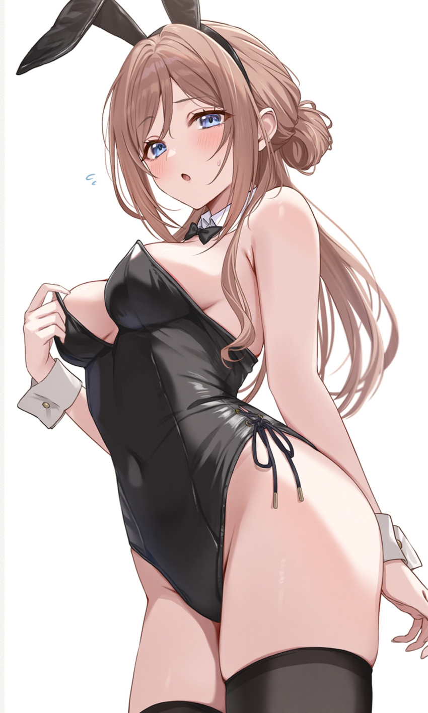 1girl :o animal_ears arm_behind_back black_bow black_bowtie black_leotard black_thighhighs blue_eyes blush bow bowtie breasts brown_hair commentary covered_navel cowboy_shot detached_collar eyelashes fake_animal_ears flying_sweatdrops gakuen_idolmaster hair_bun hand_up highleg highleg_leotard highres himesaki_rinami idolmaster leotard long_hair looking_at_viewer medium_breasts playboy_bunny rabbit_ears sideboob sidelocks solo sweat thick_thighs thighhighs thighs white_background wrist_cuffs yukino110802