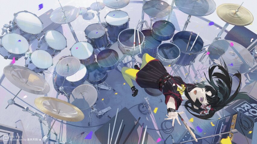 1girl aash4i amplifier awa_subaru black_hair black_kimono bow bowtie character_name commentary confetti drum drum_set drumsticks girls_band_cry hair_intakes hashtag-only_commentary highres instrument japanese_clothes kimono kuuhaku_to_catharsis long_hair one_eye_closed open_mouth pantyhose parted_bangs purple_eyes short_sleeves solo teeth upper_teeth_only yellow_bow yellow_bowtie yellow_pantyhose
