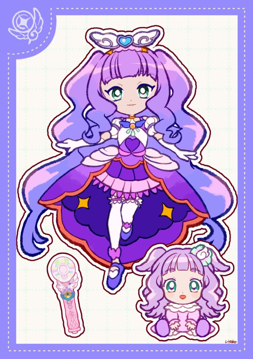 2girls absurdly_long_hair aqua_eyes asymmetrical_docking baby bare_shoulders blunt_bangs border bow bowtie breast_press bright_pupils brooch choker cure_majesty deformed detached_sleeves dot_nose dotted_line dress dual_persona elbow_gloves ellee-chan eyelashes floating frilled_sleeves frilled_thigh_strap frills full_body gloves grey_background grid_background hair_ornament happy heart heart_hair_ornament heart_print highres hirogaru_sky!_precure jewelry knee_up lace lace-trimmed_dress lace_trim long_dress long_hair looking_at_viewer magical_girl mary_janes microphone multiple_girls outline parted_lips precure puffy_short_sleeves puffy_sleeves purple_border purple_bow purple_bowtie purple_dress purple_hair purple_shoes shoes short_sleeves sidelocks signature sitting sleeveless sleeveless_dress smile thigh_strap thighhighs two_side_up uwded_207 vertical-striped_sleeves very_long_hair wavy_hair white_gloves white_outline white_pupils white_sleeves white_thighhighs wing_hair_ornament yellow_choker
