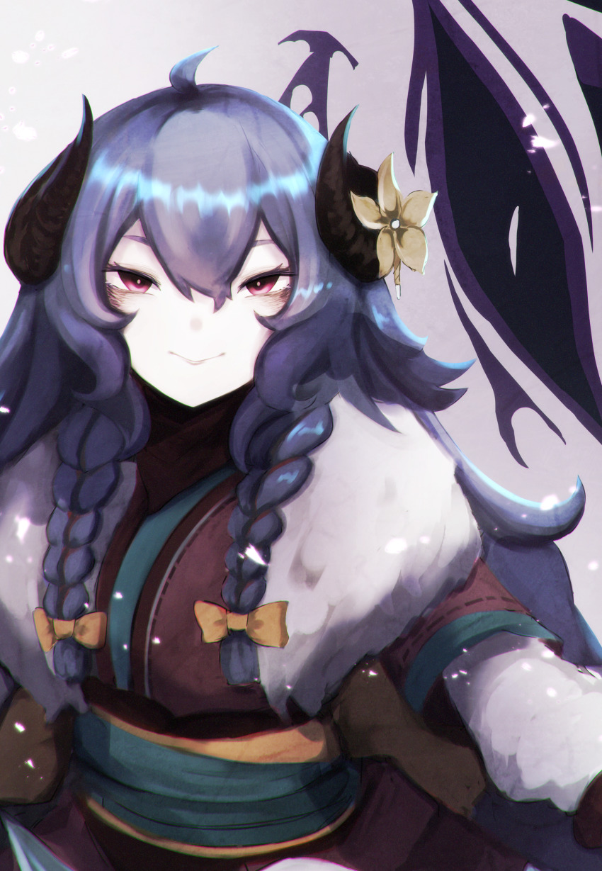 1girl ahoge animal bow braid closed_mouth flower fur_trim hair_between_eyes highres horns kindred_(league_of_legends) lamb_(league_of_legends) league_of_legends long_hair official_alternate_costume pink_eyes smile spirit_blossom_kindred sutorobo72 wolf wolf_(league_of_legends) yellow_bow yellow_flower