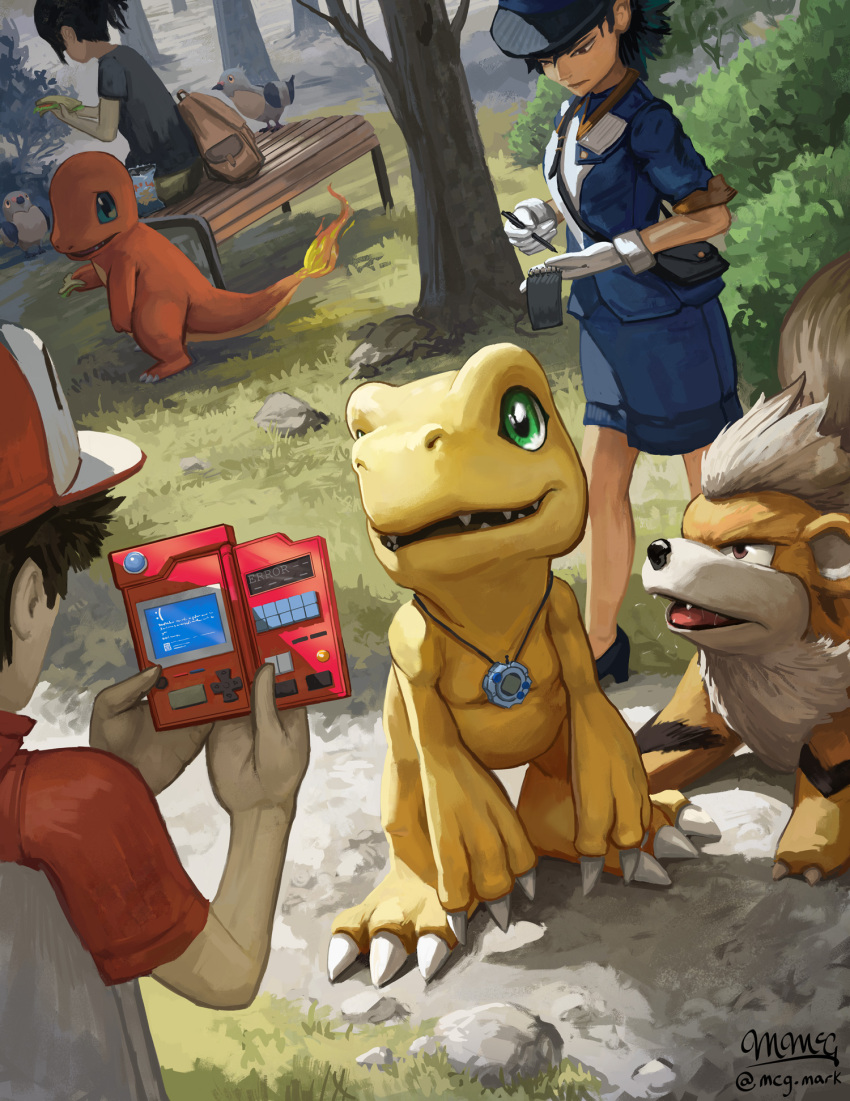agumon charmander claws crossover day digimon digimon_(creature) digivice dinosaur full_body gen_1_pokemon growlithe highres jenny_(pokemon) lizard mcgmark nintendo nostrils open_mouth outdoors pokemon pokemon_(creature) red_(pokemon) rock signature standing tree watermark web_address