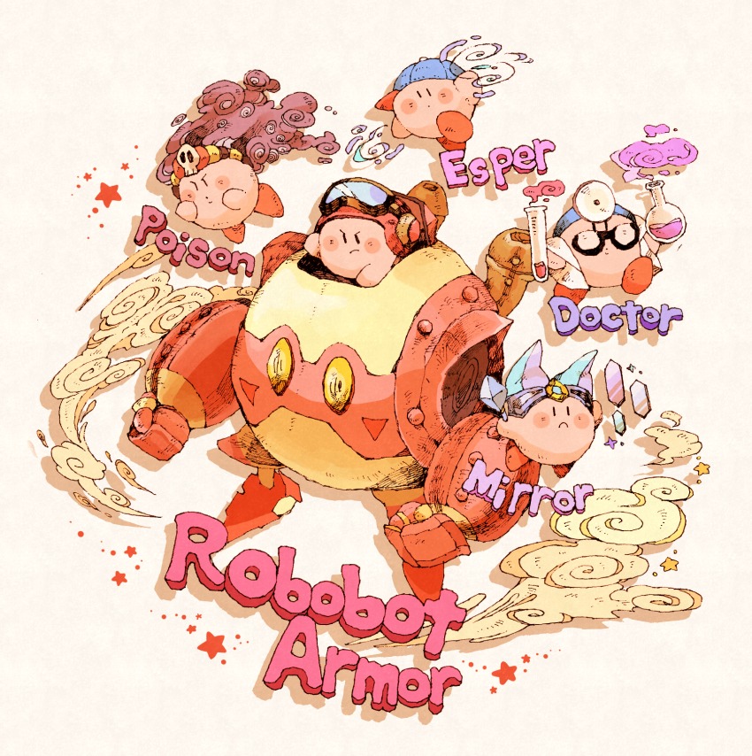 aviator_cap baseball_cap blue_hat copy_ability crystal doctor doctor_kirby english_text esp_kirby flask frown glasses goggles goggles_on_headwear hat head_mirror highres kirby kirby:_planet_robobot kirby_(series) lab_coat maniani mecha mirror_kirby multiple_persona nintendo no_humans poison_kirby potion robobot_armor robot smoke test_tube vial