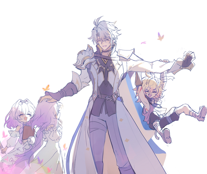 2boys 2girls aged_down antenna_hair armor back bandaged_arm bandaged_leg bandages bare_shoulders black_boots black_choker black_gloves blonde_hair blue_cape body_markings book boots bow brown_boots bug butterfly cape castorice_(honkai:_star_rail) child choker closed_eyes cowboy_shot crossed_bangs detached_sleeves dress fang fingerless_gloves gauntlets gloves grey_pants hair_between_eyes hair_bow hand_on_another&#039;s_head hands_up highres holding holding_book holding_hands honkai:_star_rail honkai_(series) insect jacket jewelry juliet_sleeves long_hair long_sleeves low_ponytail multiple_boys multiple_girls mydei_(honkai:_star_rail) necklace off-shoulder_dress off_shoulder open_mouth orange_butterfly pants petting phainon_(honkai:_star_rail) pink_butterfly polyxia_(honkai:_star_rail) ponytail puffy_detached_sleeves puffy_long_sleeves puffy_sleeves purple_butterfly purple_dress purple_hair purple_shirt qel red_butterfly shirt short_hair shoulder_armor siblings simple_background single_glove sisters sleeveless sleeveless_dress sleeveless_shirt smile standing teeth thigh_strap twins two-sided_cape two-sided_fabric two-tone_dress v-shaped_eyebrows white_background white_bow white_dress white_hair white_jacket white_sleeves yellow_butterfly yellow_cape