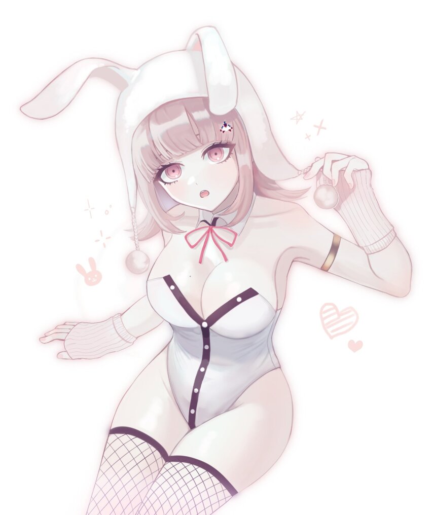 1girl :o animal_hood arm_warmers armlet bare_shoulders black_leotard breasts brown_hair cleavage cowboy_shot danganronpa_(series) danganronpa_2:_goodbye_despair detached_collar fishnet_thighhighs fishnets galaga grey_leotard groin hair_ornament hand_up heart highres hood hood_up jewelry large_breasts leotard medium_hair nanami_chiaki nuns197 pink_eyes rabbit_hood shiny_skin teeth thighhighs upper_teeth_only white_background