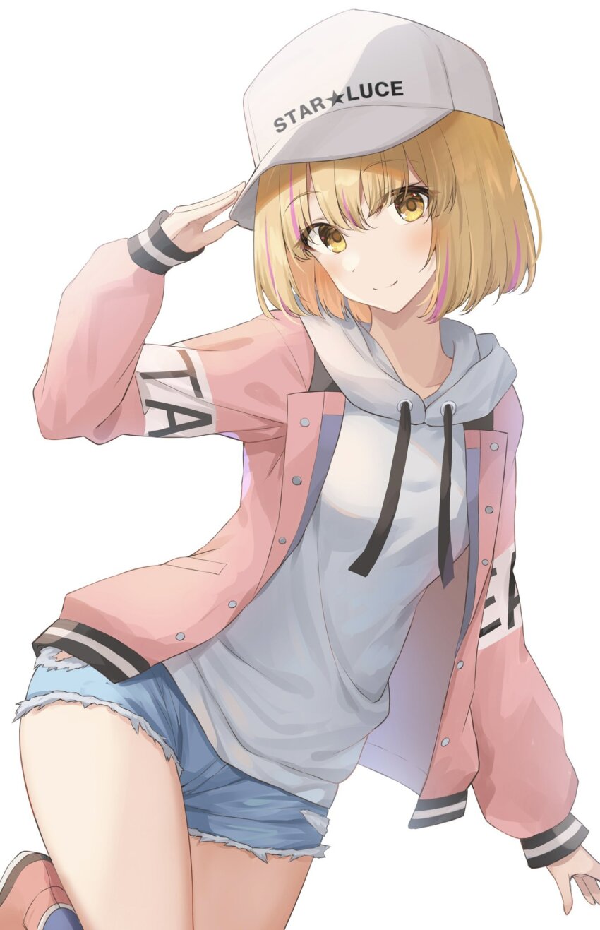 1girl baseball_cap blonde_hair blue_socks blush bob_cut chieru_(princess_connect!) chieru_(real)_(princess_connect!) commentary_request commission cowboy_shot denim denim_shorts drawstring dutch_angle hair_between_eyes hand_up hat head_tilt highres hood hood_down hoodie jacket kanaria_hisagi long_sleeves looking_at_viewer multicolored_hair open_clothes open_jacket pink_hair pink_jacket princess_connect! print_hat red_footwear salute short_shorts shorts simple_background skeb_commission sleeves_past_wrists smile socks solo standing standing_on_one_leg streaked_hair thighs white_background white_hat white_hoodie yellow_eyes