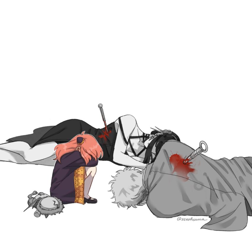 1boy 1girl 2girls bad_end black_hair blonde_hair blood blood_on_clothes blood_splatter breasts corpse dagger death director_chimera_(spy_x_family) dress earrings eden_academy_school_uniform formal_clothes green_suit hairband hairpods highres husband_and_wife impaled jewelry knife long_hair mother_and_daughter multiple_girls pink_hair school_uniform signature spy_x_family stab steohsama stiletto_(weapon) suit twilight_(spy_x_family) weapon yor_briar