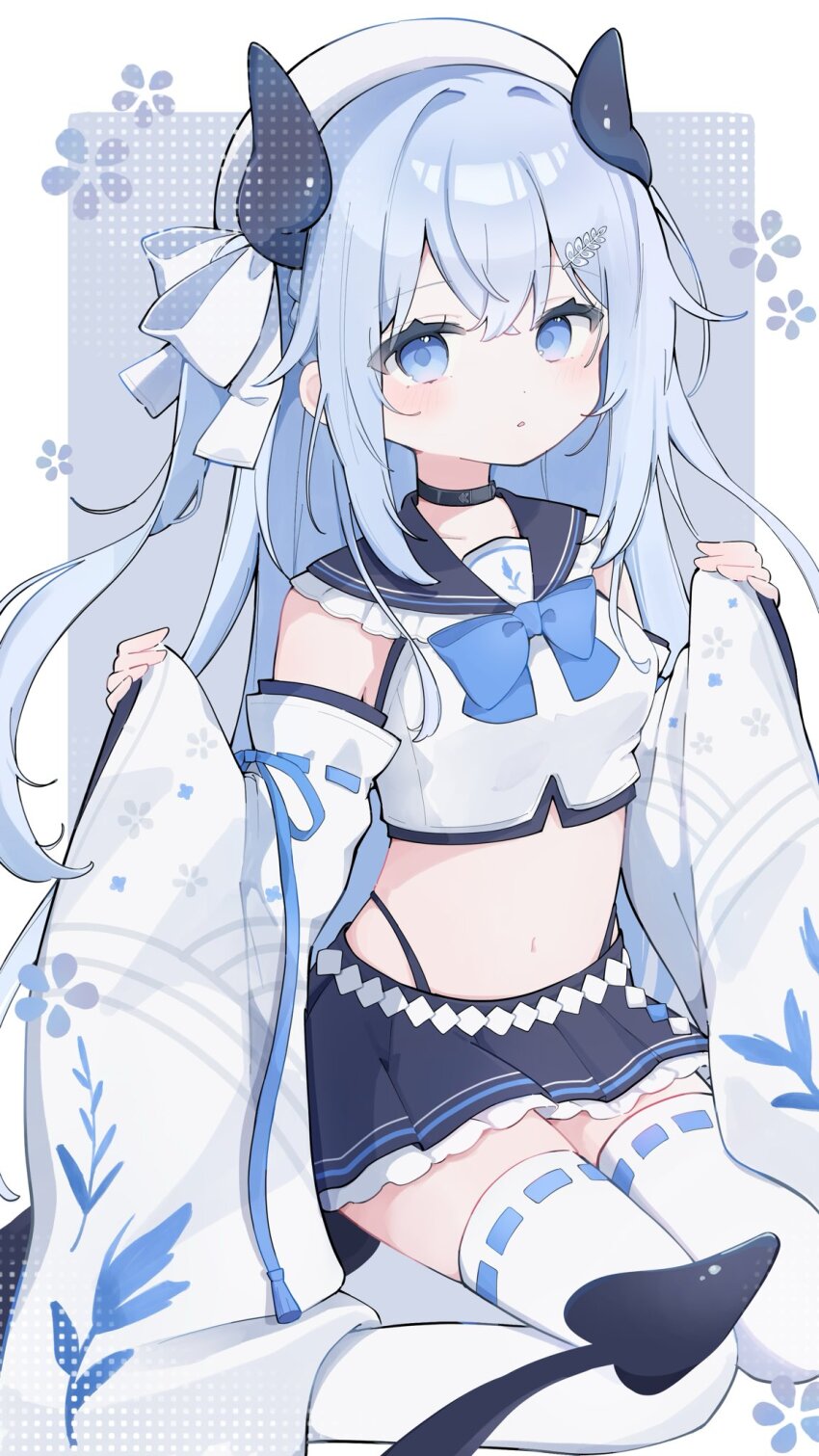 1girl bare_shoulders black_choker black_horns black_sailor_collar black_skirt blue_eyes blue_hair choker commentary_request commission crop_top cropped_shirt detached_sleeves feet_out_of_frame frilled_sailor_collar frilled_skirt frills grey_background hat highres horns iro_iro_iroo long_hair long_sleeves looking_at_viewer midriff miniskirt navel original parted_lips pleated_skirt ribbon-trimmed_sleeves ribbon-trimmed_thighhighs ribbon_trim sailor_collar shirt sitting skeb_commission skirt sleeveless sleeveless_shirt solo thighhighs wariza white_hat white_shirt white_sleeves white_thighhighs wide_sleeves zettai_ryouiki