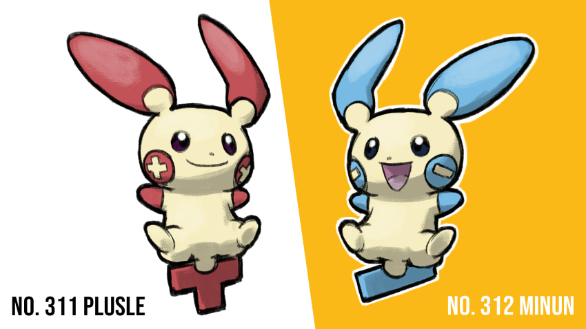 :d animal_focus blacknirrow character_name closed_mouth dot_nose full_body game_freak gen_3_pokemon highres minun minus_sign mixed-language_commentary nintendo no_humans open_mouth outline plus_sign plusle pokedex_number pokemon pokemon_(creature) pokemon_focus simple_background smile two-tone_background white_background white_outline yellow_background