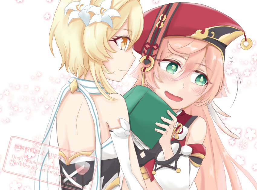 2girls ai-generated_art_(topic) antlers bare_shoulders blonde_hair blush book chinese_clothes collared_cape commentary deer_antlers detached_sleeves dress eyebrows_hidden_by_hair flower genshin_impact green_eyes hair_flower hair_ornament holding holding_book horns long_sleeves lumine_(genshin_impact) multiple_girls pink_hair short_hair_with_long_locks udundundudun white_dress xiezhi_guan yanfei_(genshin_impact) yellow_eyes yuri