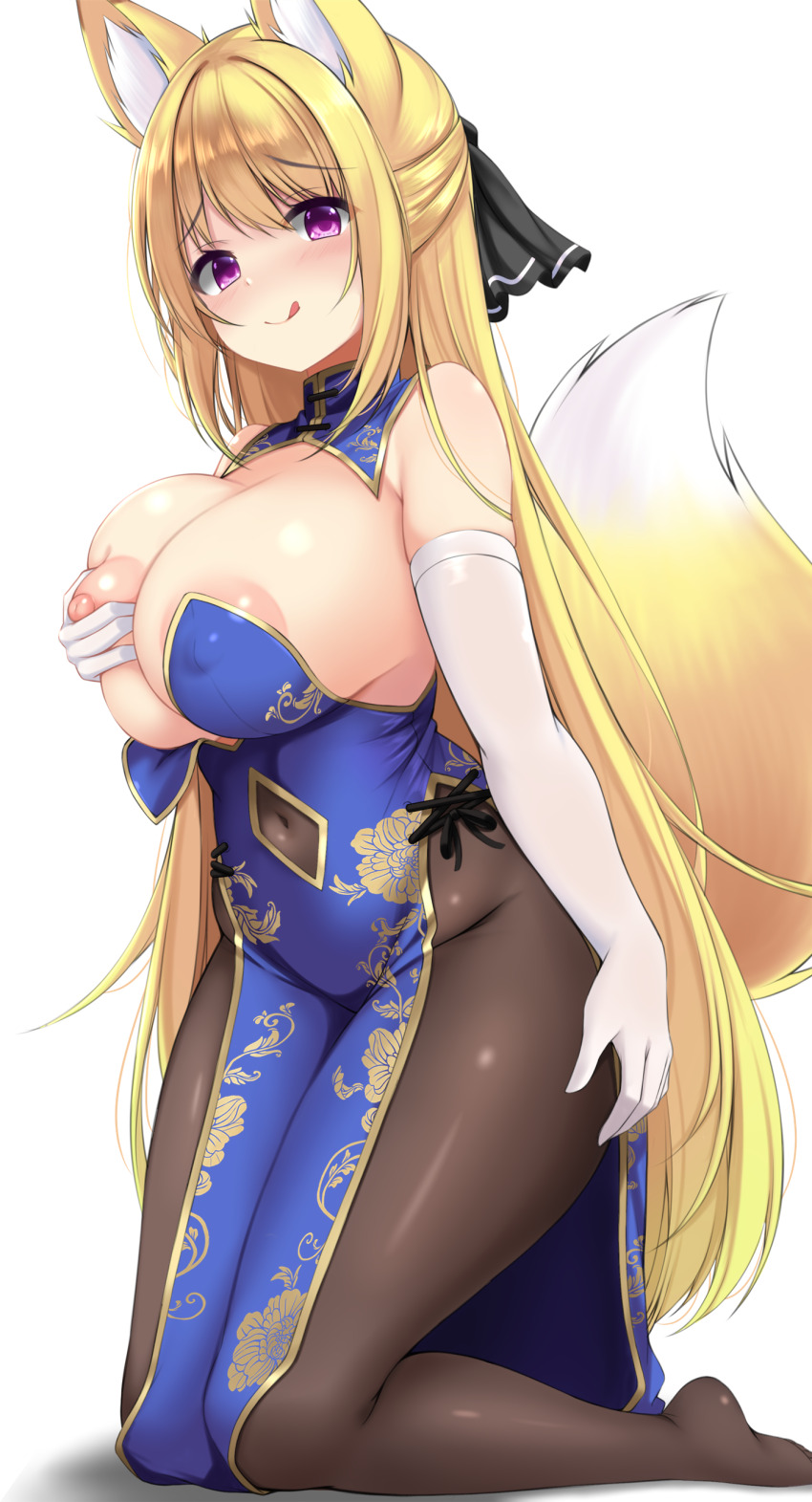 1girl absurdres animal_ears areola_slip bare_shoulders black_bow blonde_hair blush bow breasts china_dress chinese_clothes clothing_cutout detached_collar dress elbow_gloves fox_ears fox_girl gloves grabbing_own_breast highres kneeling large_breasts long_hair looking_at_viewer navel navel_cutout nipples original pantyhose purple_eyes smile sogaya solo tongue tongue_out white_gloves