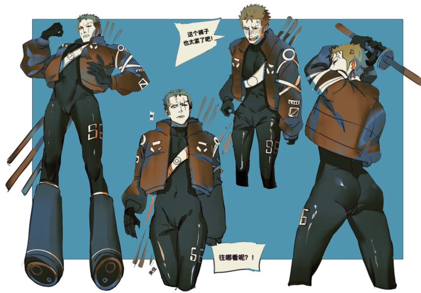 1boy anger_vein angry ass black_bodysuit blue_background blush bodysuit bomber_jacket cameltoe chinese_text cropped_legs cuntboy earrings from_below full_body green_hair highres holding holding_sword holding_weapon jacket jewelry k_zaooo male_focus multiple_views one_piece roronoa_zoro short_hair sideburns simple_background single_earring skin_tight sword translation_request triple_wielding weapon