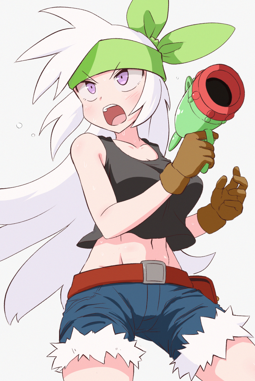 1girl abs bandana belt black_tank_top breasts brown_gloves commentary_request cowboy_shot crop_top denim denim_shorts floating_hair fur-trimmed_shorts fur_trim gloves green_bandana grey_background gun highres holding holding_gun holding_weapon kirby:_right_back_at_ya! kirby_(series) kurachi_mizuki light_blush long_hair looking_to_the_side medium_breasts midriff navel nintendo open_mouth personification purple_eyes red_belt short_shorts shorts simple_background sirica_(kirby) solo spiked_hair tank_top teeth upper_teeth_only v-shaped_eyebrows very_long_hair weapon white_hair