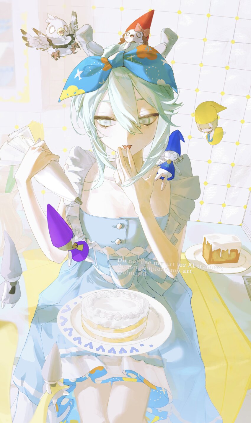 1girl absurdres antlers baking bird blue_dress blue_ribbon bow cake dress fate/grand_order fate_(series) flat_chest food frilled_dress frills gnome green_eyes green_hair hair_between_eyes highres holding horns licking licking_finger louhi_(fate) louhi_(first_ascension)_(fate) olm_dd ribbon short_hair sidelocks solo