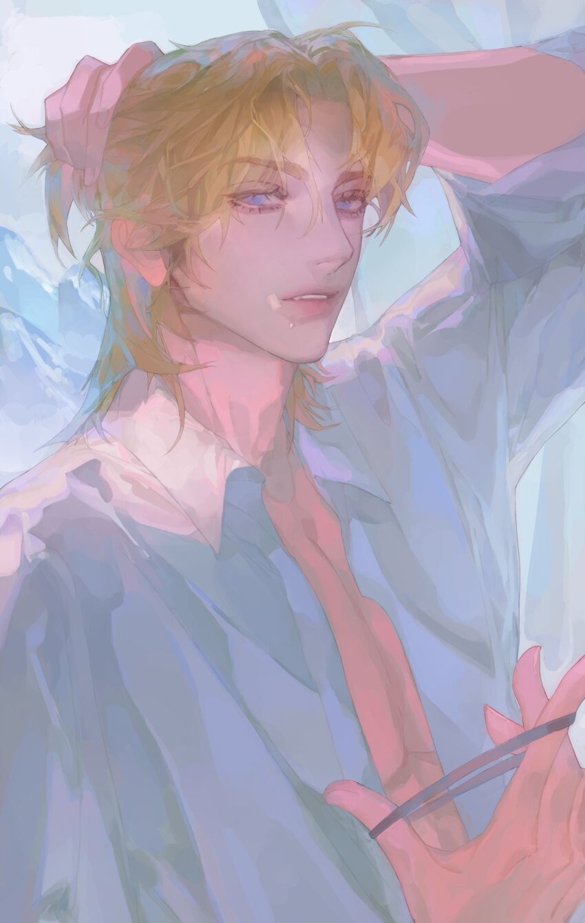 1boy blonde_hair blue_eyes collared_shirt degrees_of_lewdity highres holding holding_own_hair looking_at_viewer open_clothes open_shirt rubber_band shirt solo star121703 upper_body white_shirt whitney_(degrees_of_lewdity) whitney_(male)_(degrees_of_lewdity)