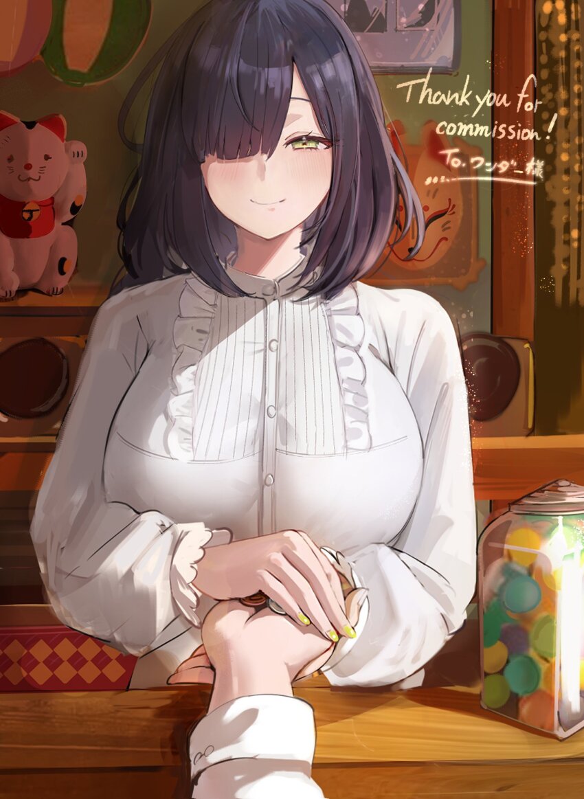 1girl black_hair blunt_bangs breasts closed_mouth commentary_request commission counter dress_shirt fox_mask frills green_eyes hair_over_one_eye highres holding_hands inaba_(usanopo) indoors large_breasts looking_at_viewer mask medium_hair original out_of_frame puffy_sleeves shirt smile thank_you white_shirt