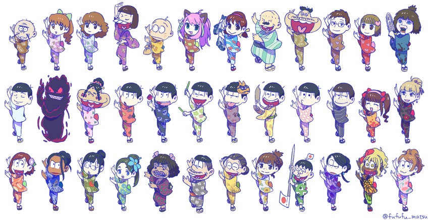 &gt;_&lt; 10s 6+boys 6+girls :3 :d :p \m/ ^_^ adapted_costume ahoge aida_(osomatsu-san) akumatsu alternate_hairstyle animal animal_ears animal_print aqua_eyes arm_up atsushi_(osomatsu-san) bald baseball_bat black_hair blonde_hair blue_eyes blue_flower blunt_bangs bob_cut bow bowl_cut braid breasts brothers brown_hair buck_teeth camellia cat_ears cat_print chainsaw character_mask chibi chibimi chibita choroko_(osomatsu-san) cleavage closed_eyes closed_mouth colored_sclera dancing dark_skin dayoon dayoon_girl dekapan dobusu_(osomatsu-san) dual_wielding esper_nyanko everyone facial_hair facial_mark fake_animal_ears fireworks_print fish fish_print fleur-de-lis floral_print flower flower_fairy_(osomatsu-kun) folded_ponytail funuyu gender_request genderswap geta glasses glasses_boy_(osomatsu-san) glowstick grey_hair grin hair_bow hair_bun hair_flower hair_ornament hairband hairclip hashimoto_nyaa hatabou head_flag heart heart_hair_ornament heart_in_mouth highres hijirisawa_shonosuke holding holding_animal holding_fish holding_flower holding_weapon husband_and_wife hydrangea ichiko_(osomatsu-san) iyami iyayo japanese_clothes jigusou jitome jyushiko_(osomatsu-san) jyushimatsu&#039;s_girlfriend kamimatsu karako_(osomatsu-san) kimono kinchaku laughing long_hair looking_at_another looking_at_viewer looking_to_the_side low_twintails mask mask_on_head matsuno_choromatsu matsuno_ichimatsu matsuno_jyushimatsu matsuno_karamatsu matsuno_matsuyo matsuno_matsuzou matsuno_osomatsu matsuno_todomatsu motion_blur multiple_boys multiple_girls mustache no_socks obi object_on_head open_mouth osoko_(osomatsu-san) osomatsu-kun osomatsu-san osomatsu_(series) outstretched_arms pale_skin paw_print polka_dot ponytail pouch print_kimono rabi red_bow red_flower red_lips red_rose red_sclera rose sachiko_(osomatsu-san) sanematsu_(osomatsu-san) sash sextuplets sheeeh! short-haired_girl_(osomatsu-san) short_hair short_twintails siblings sidelocks simple_background single_hair_bun skull_print smile smirk striped summer_festival sunflower_print swinging teeth todoko_(osomatsu-san) tongue tongue_out triangle_mouth twin_braids twintails twitter_username variations wavy_hair weapon whisker_markings white_background yowai_totoko yukata