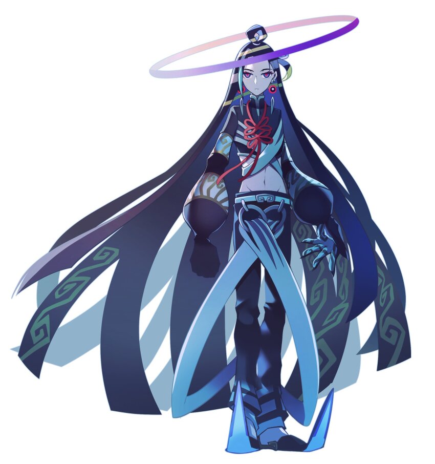 1boy belt black_hair black_pants blue_eyes chinese_clothes earrings eyeshadow fate/grand_order fate_(series) gloves green_eyes hair_rings halo highres jewelry long_hair long_sleeves looking_at_viewer makeup male_focus morita_yuu multicolored_eyes o-ring pale_skin pants puffy_long_sleeves puffy_sleeves red_eyeshadow simple_background solo spiked_boots taisui_xingjun_(fate) tooth_earrings white_background