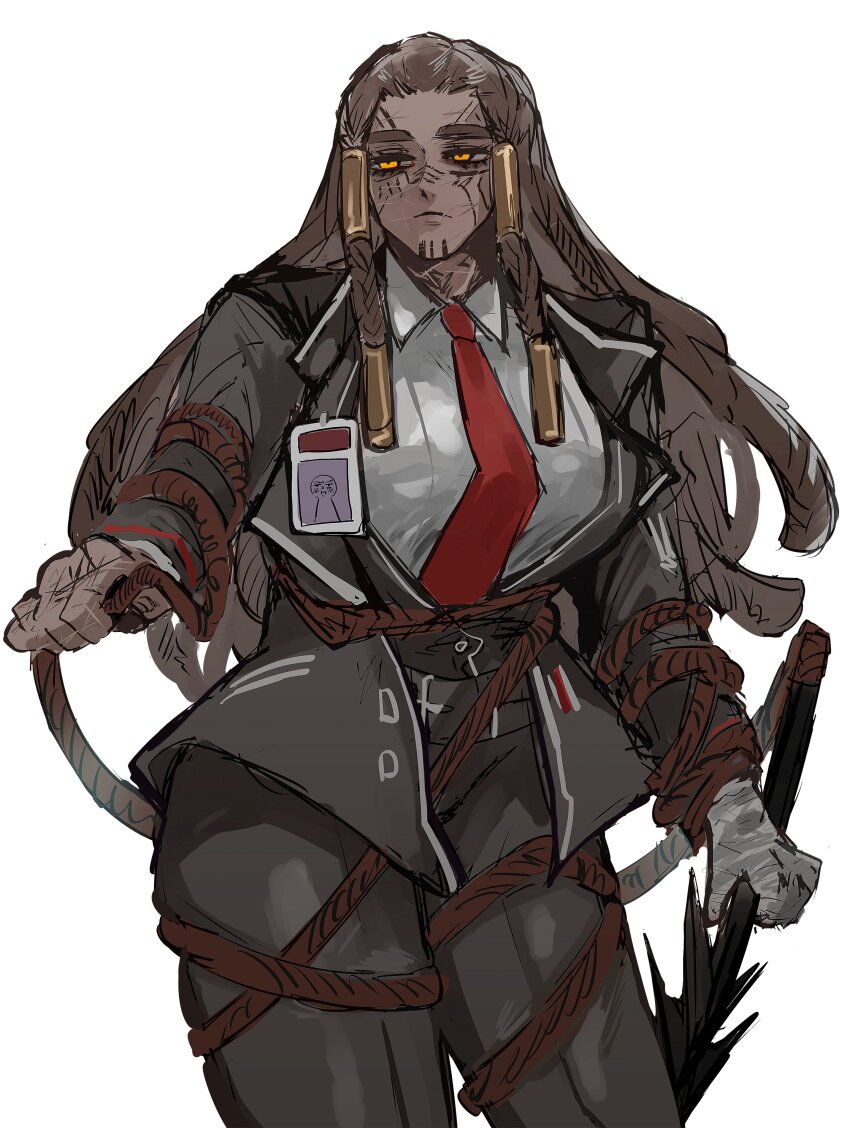 1girl absurdres black_jacket black_pants black_vest braided_dreadlocks brown_hair cowboy_shot dark-skinned_female dark_skin dress_shirt facial_tattoo full-body_tattoo highres holding_harpoon jacket kisaaka limbus_company long_hair metal_hair_tubes necktie orange_eyes pants project_moon queequeg_(project_moon) red_necktie rope_around_waist rope_around_wrist shirt simple_background solo tattoo very_long_hair vest white_background white_shirt