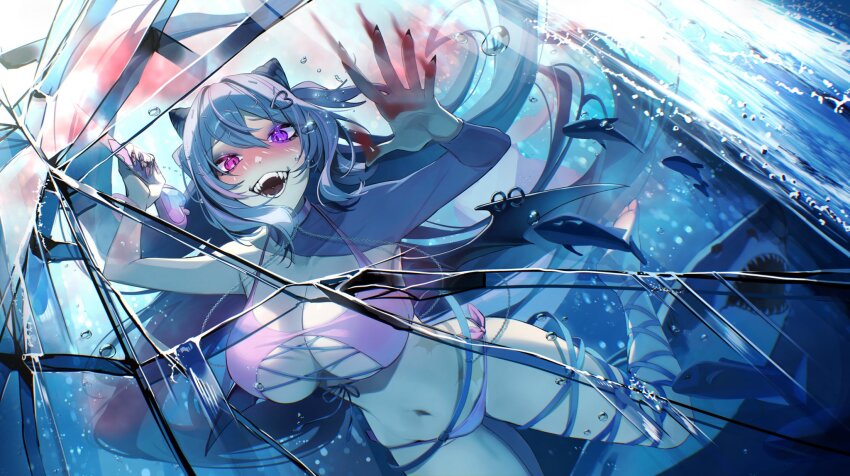 1girl against_glass air_bubble bat_wings bikini black_nails black_wings blood blood_in_water blood_on_hands blush breasts bubble chain cleavage collar collarbone commentary cone_hair_bun crack cracked_glass english_commentary evil_smile fangs fingernails hair_between_eyes hair_bun hair_ornament halterneck hand_on_glass hands_up heart heart_hair_ornament heterochromia highres holding holding_knife indie_virtual_youtuber knife large_breasts long_fingernails long_hair looking_at_viewer multicolored_hair multicolored_nails navel nomu_(29_nom) open_mouth piercing pink_eyes pink_streaks purple_bikini purple_collar purple_eyes purple_hair purple_nails second-party_source shark side-tie_bikini_bottom smile solo sprinkle_hershy sprinkles streaked_hair swimsuit teeth two-tone_nails underwater very_long_hair virtual_youtuber wing_piercing wings