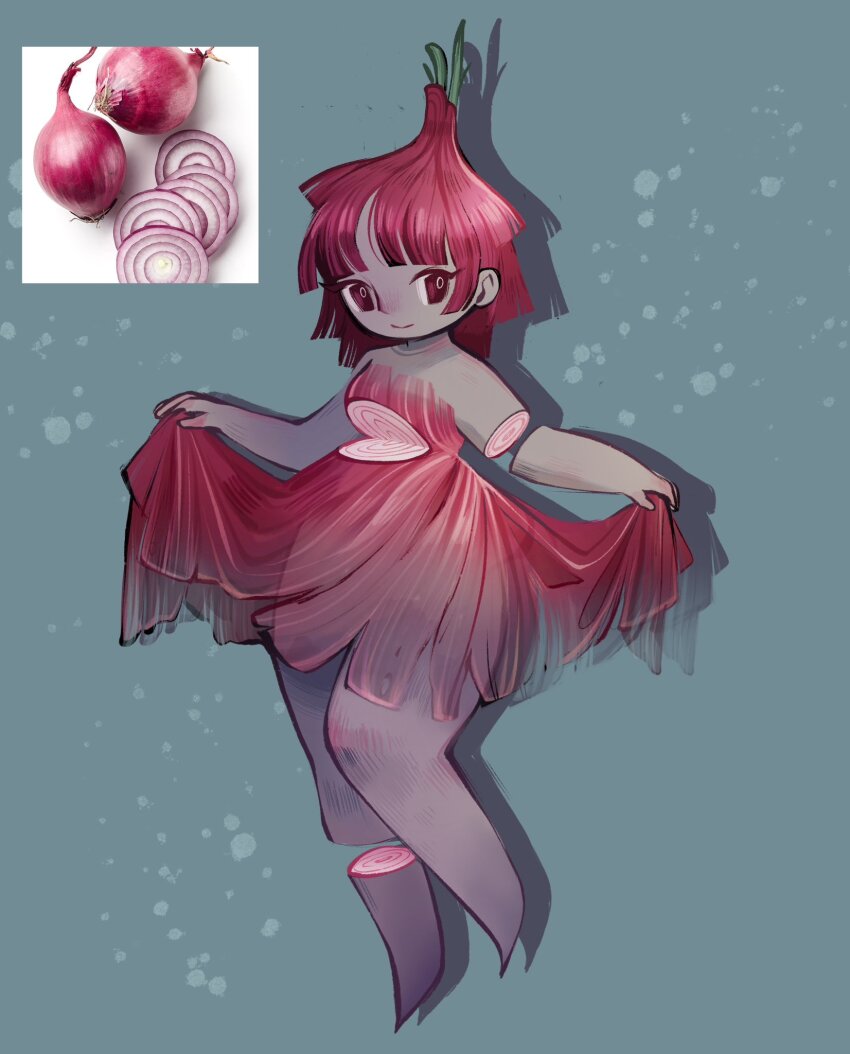 chopped_spring_onion colored_skin commentary dress english_commentary english_text feefal food green_background highres light_smile monster_girl onion original personification pink_dress pink_eyes pink_hair pink_skin plant_girl reference_inset vegetable