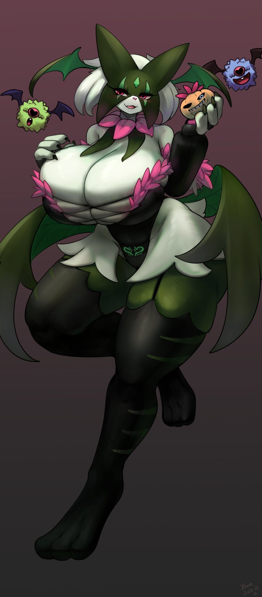 1girl absurdres animal_hands black_leotard black_thighhighs blush breasts cat_girl cherry_background claws cleavage curvy eyelashes female_focus full_body furry furry_female garter_straps gen_5_pokemon gipehtyboo half-closed_eyes highres huge_breasts leotard looking_at_viewer mask meowscarada nintendo pink_eyes pokemon pubic_tattoo pubic_tattoo_through_clothing red_background shiny_skin skindentation standing tattoo thick_thighs thighhighs thighs wide_hips woobat