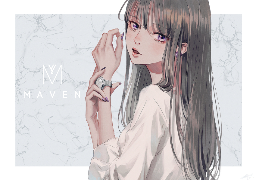 1girl black_hair border copyright_name earrings from_side highres jewelry kurosujuu long_eyelashes long_hair long_sleeves looking_at_viewer maven open_mouth purple_eyes purple_nails shirt solo upper_body very_long_hair watch white_border white_shirt wristwatch