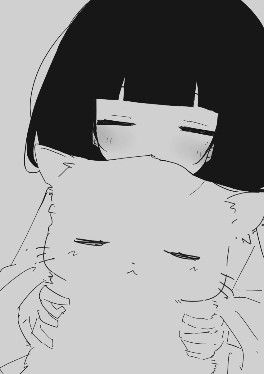 14u0 1girl :&lt; =_= animal blunt_bangs cat closed_eyes closed_mouth commentary_request grey_background greyscale highres holding holding_animal holding_cat hood hoodie inabakumori light_blush monochrome osage_(nukunuku_nigirimeshi) simple_background