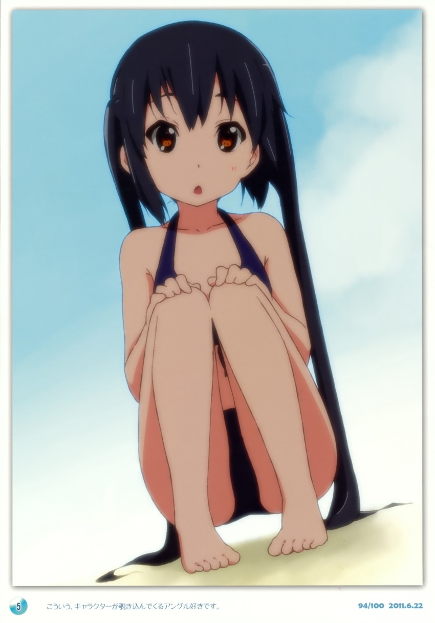 1girl :&lt; :o absurdres bare_legs bare_shoulders barefoot bikini black_hair brown_eyes day errant feet female_focus hands_on_own_knees head_tilt highres k-on! long_hair looking_at_viewer nakano_azusa sidelocks solo squatting staring swimsuit very_long_hair